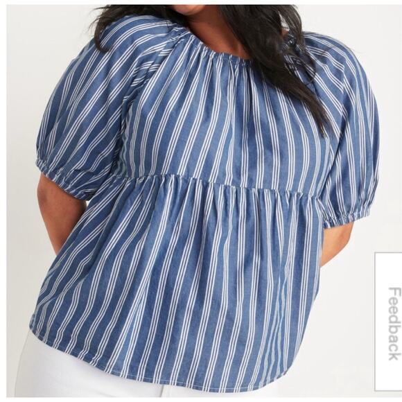 Old Navy Tops - Old Navy Puff Sleeve Milkmaid Baby Doll Top 2X Plus Blue White Nautical Stripe